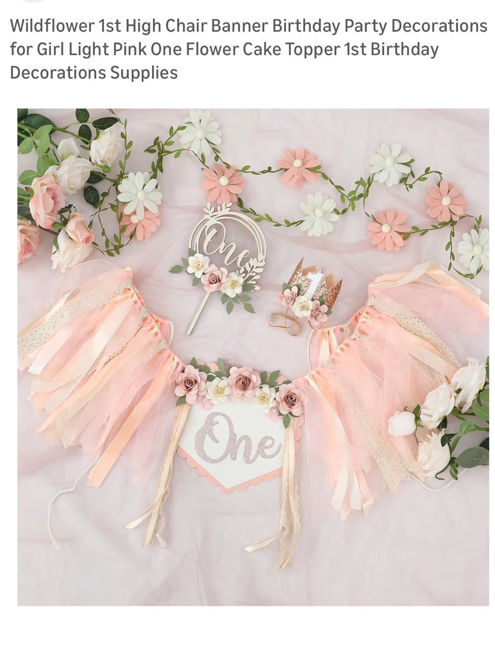 Wildflowers Peach and Cream Floral First Birthday Banner & Cake Topper Set of 4